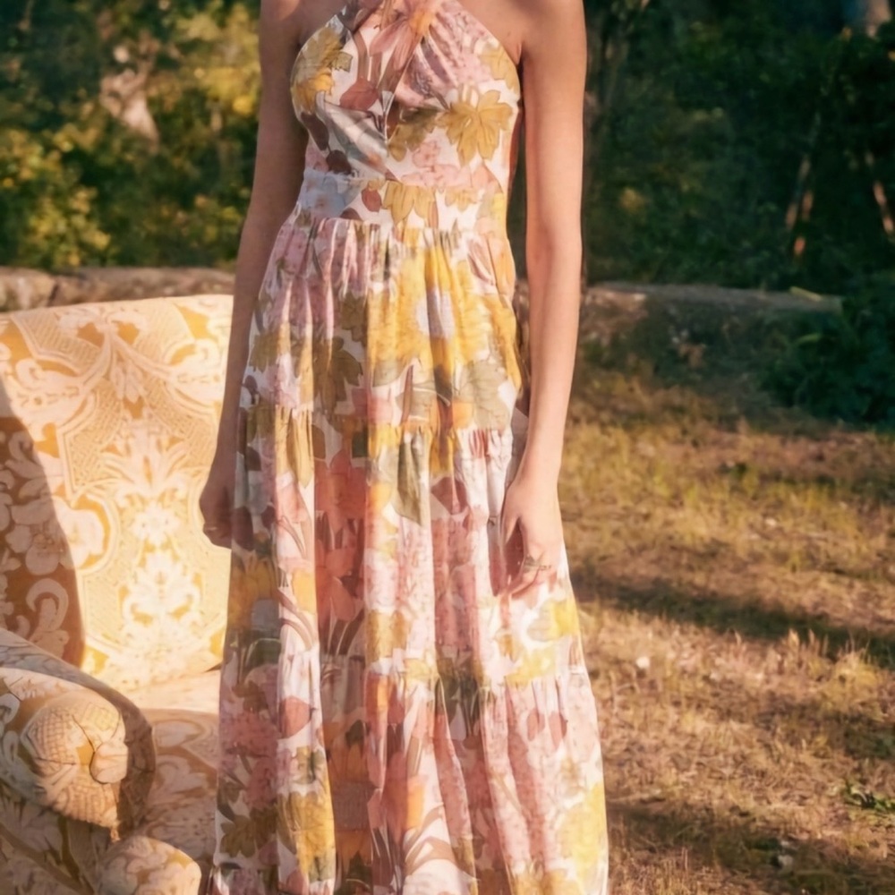 Sezane Floral Halter Maxi Dress in Pink & Yellow